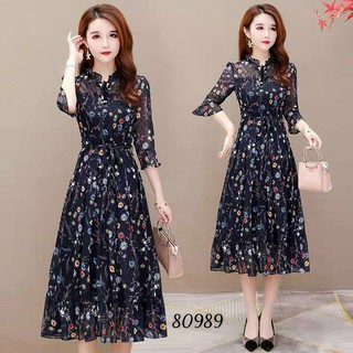 ĐẦM LỤA HOA 2 LỚP DÂY THẮT EO