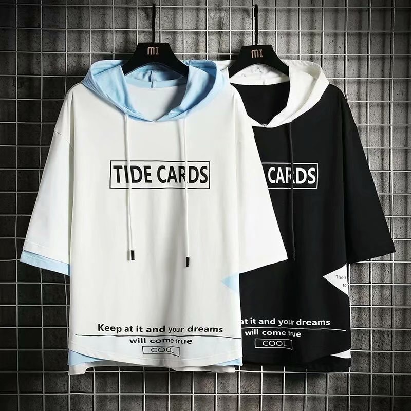 Áo thun có mũ trùm đầu ba phần tay áo in chữ màu sắc giản dị cho tuổi teen size lớn s~3xl
