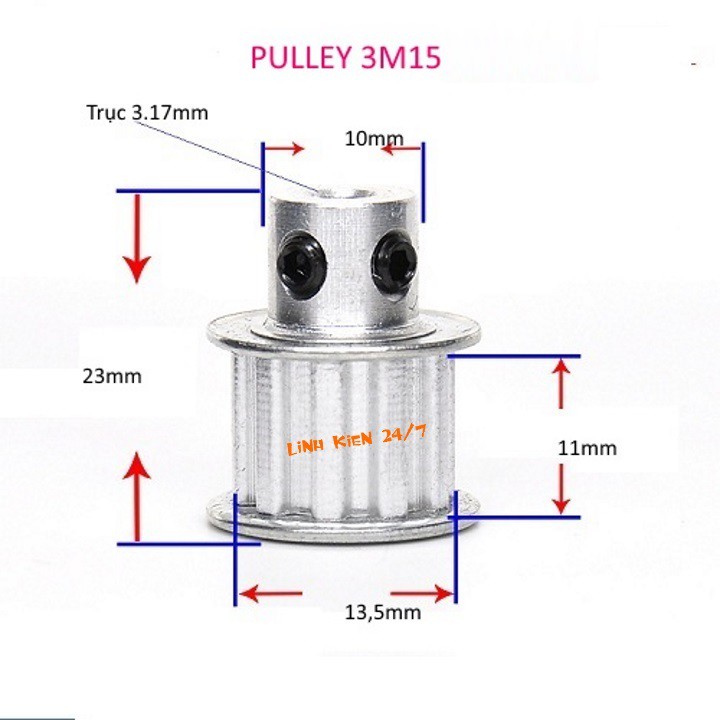 Puly 3M 15 Răng Bản Rộng Đai 11mm Trục 3.17mm, 5mm