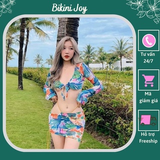 Bikini set 3 món hoa vintage màu xanh biển sexy quyến rũ