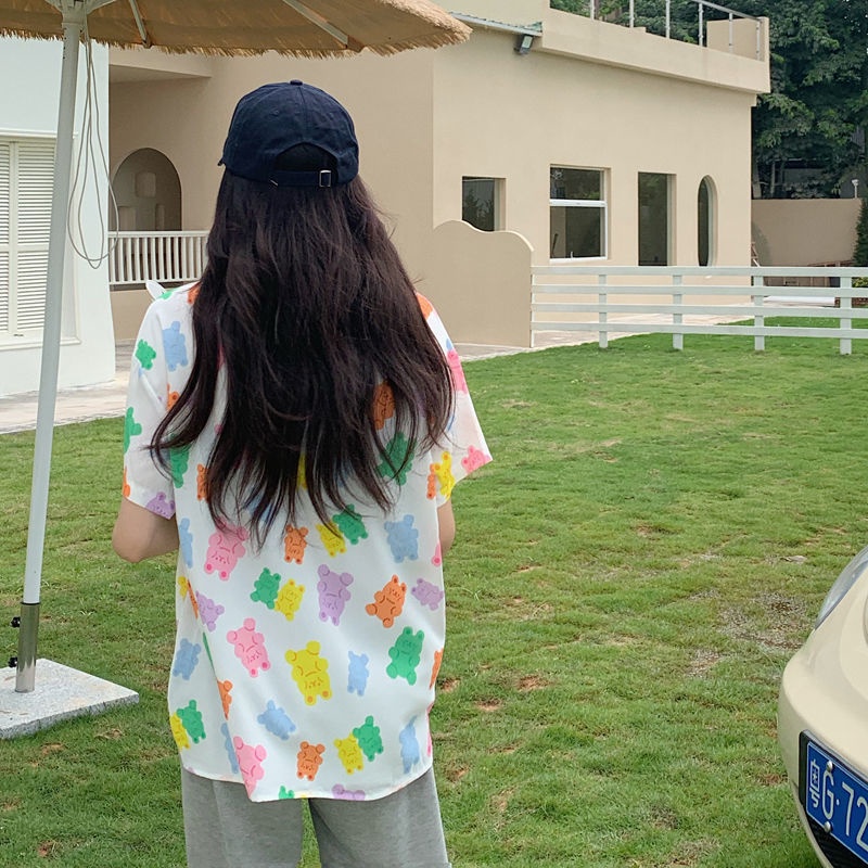 IELGY Áo sơ mi chiffon IELGY mỏng tay ngắn dáng rộng kiểu Hàn Quốc cho nữ