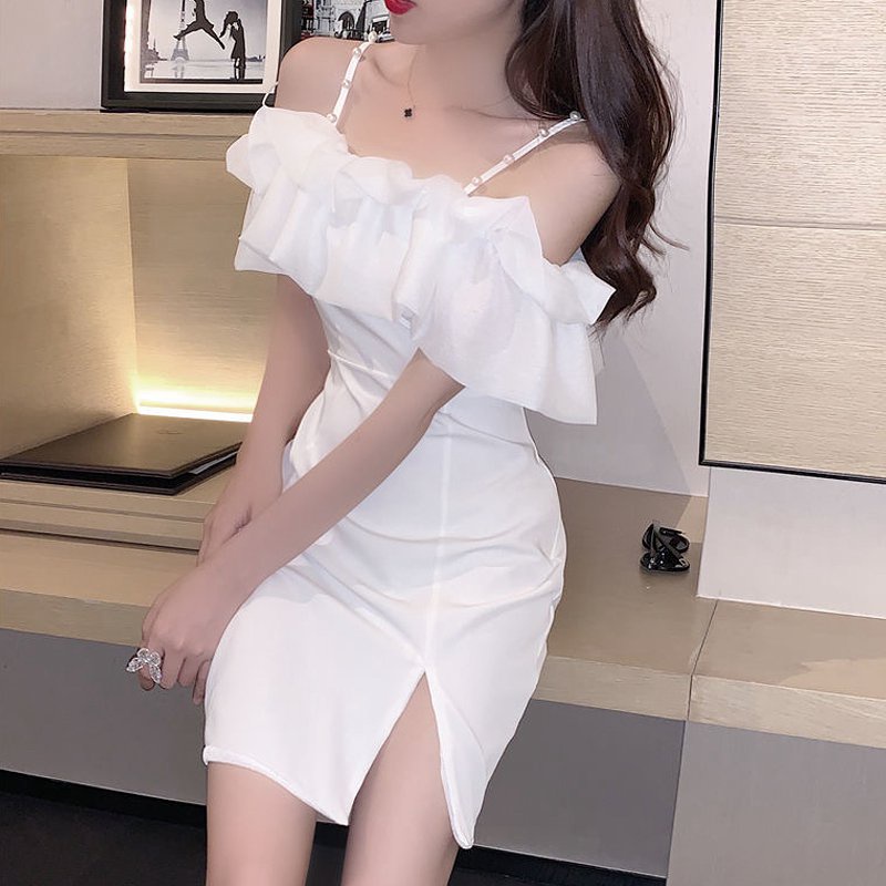 Đầm Ngắn Trễ Vai Phối Bèo Đính Ngọc Trai Phong Cách Hàn Quốc Thời Trang Mùa Hè Cho Nữ (2 Màu)