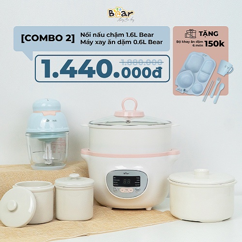 Combo Nồi Nấu Chậm 1,6L Bear SUBE002 + Máy Xay Ăn Dặm 0,3L Bear B03V2 nấu cháo, chưng yến tiện dụng