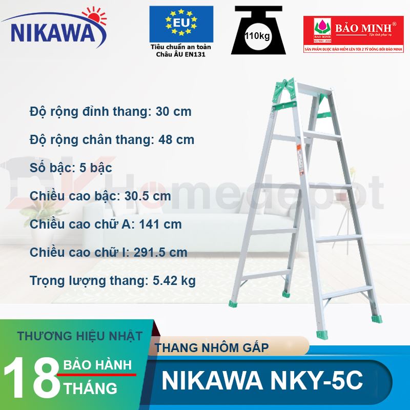 Thang nhôm chữ A Nikawa NKY-5C - 5 bậc - có thể duỗi thẳng- nhập khẩu Nhật Bản - bảo hàng 18 tháng