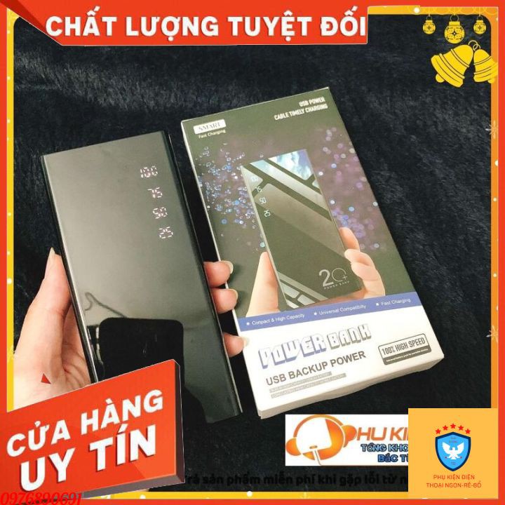 Sạc Dự Phòng kính đen dung lượng 10000mah có đèn pin, hiển thị phần trăm pin  [HÀNG TỐT]