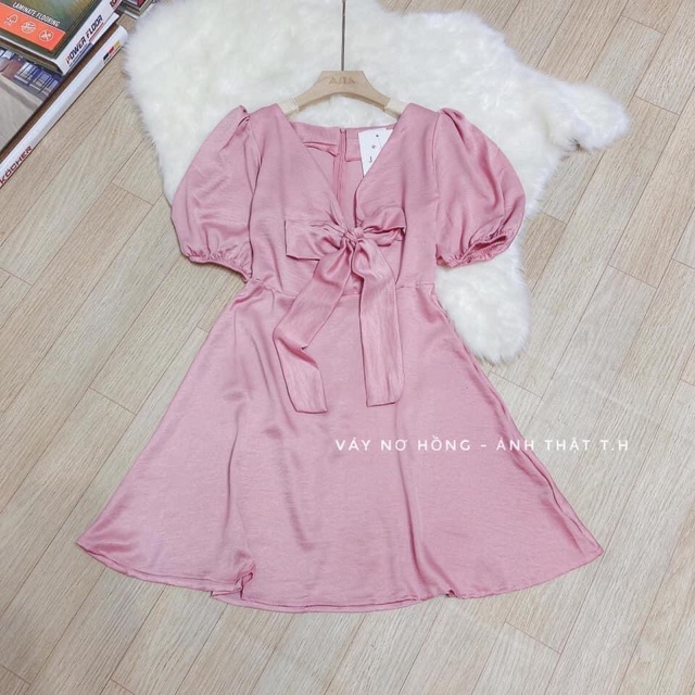 [KÈM ẢNH THẬT]Váy cổ V nơ ngực tay bồng VNXK