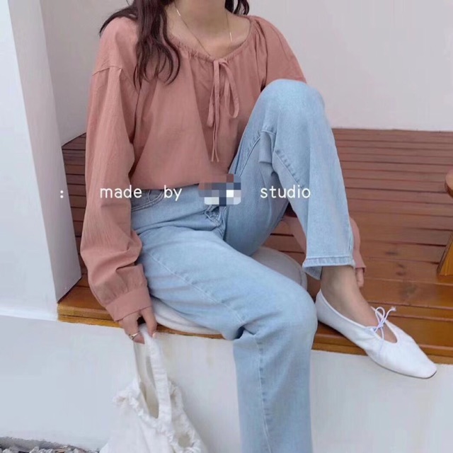 Áo thô cổ nơ dài tay