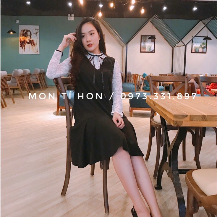 Váy bầu dài tay dáng suông đuôi cá tay dài phối ren cao cấp | Vải trượt mát - Đủ size M/L/XL