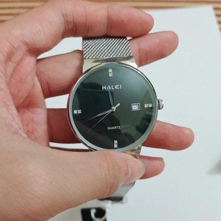 Đồng Hồ Nam Halei 8024 Dây Lụa Bạc Mặt Đen Cao Cấp