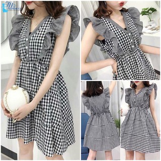 Đầm xòe váy tiểu thư bánh bèo nữ caro cổ V tay cánh tiên