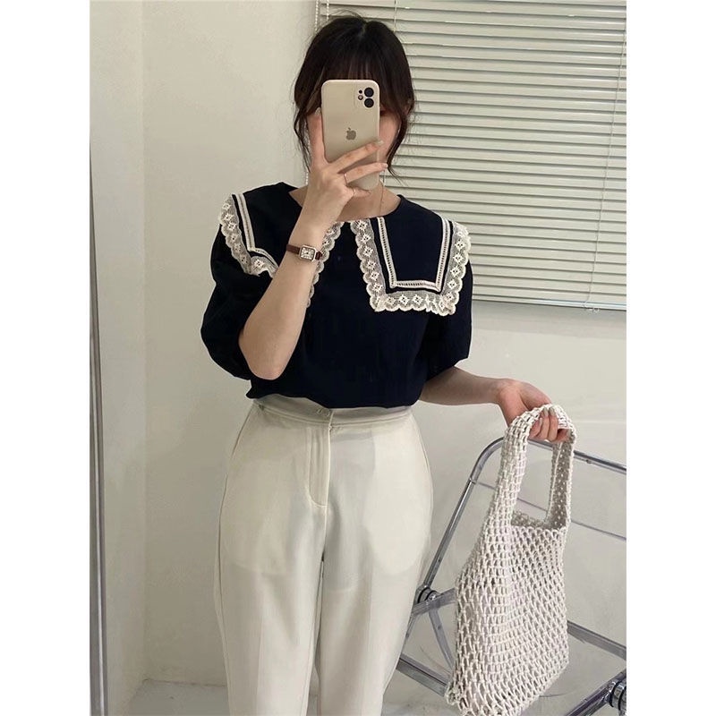 Áo Thun Dáng Rộng Cổ Búp Bê Phối Ren Thiết Kế Mới Thời Trang Mùa Hè Dành Cho Nữ
