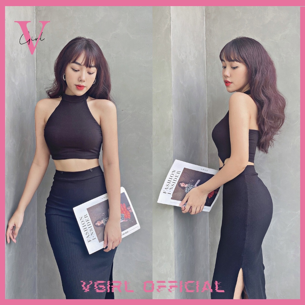 Set áo croptop nữ cổ yếm kèm chân váy xẻ tà ôm body VGIRL mặc được 2 kiểu [ẢNH ĐỘC QUYỀN]