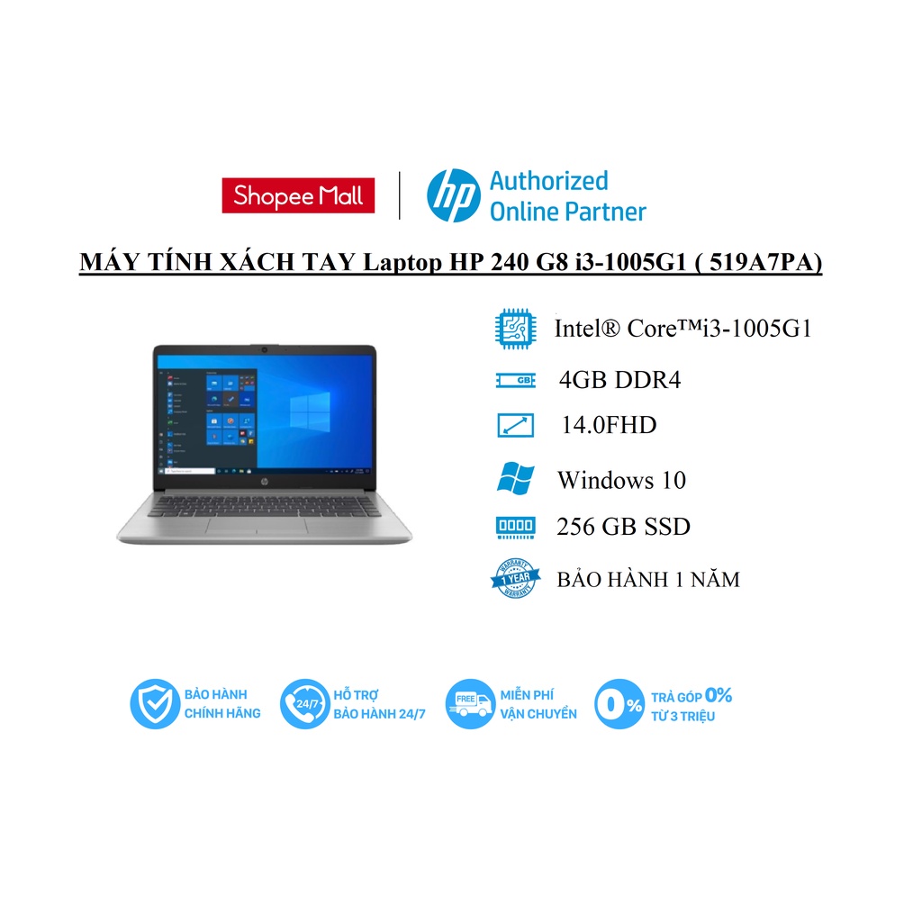 Máy tính xách tay Laptop HP 240 G8 (519A7PA )/ i3-1005G1-1.2G/ 4G/ 256G SSD/ 14.0FHD/ WL+BT/ Silver/ W10