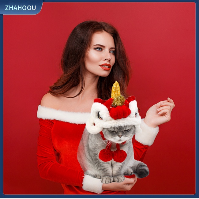 ☃Nhà☃ Mũ Tai Sư Tử Năm Mới Lót Lông Cừu Mềm Mại Thoải Mái Giữ Ấm Phong Cách Trung Hoa Cho Thú Cưng