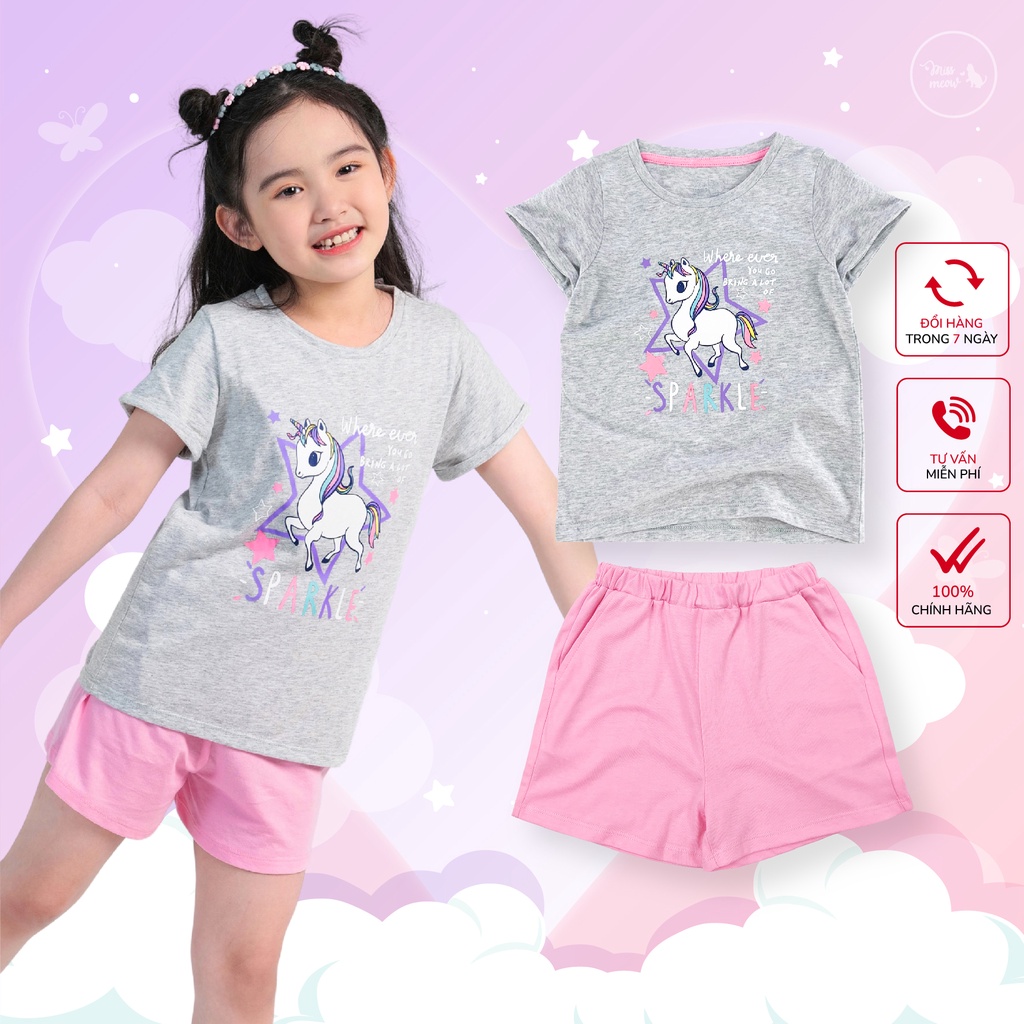 Đồ Bộ Bé Gái Miss Meow, Bộ Cộc Tay Trẻ Em Chất Cotton In Hình Ngựa Sparkle Cỡ 3,4,5,6,7,8,9,10,11 Tuổi