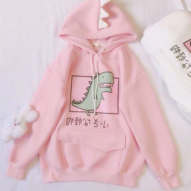 ÁO HOODIE CHUI ĐẦU NỮ MÀU TRẮNG VẢI NỈ HÌNH KHỦNG LONG TÚI VUÔNG | BigBuy360 - bigbuy360.vn