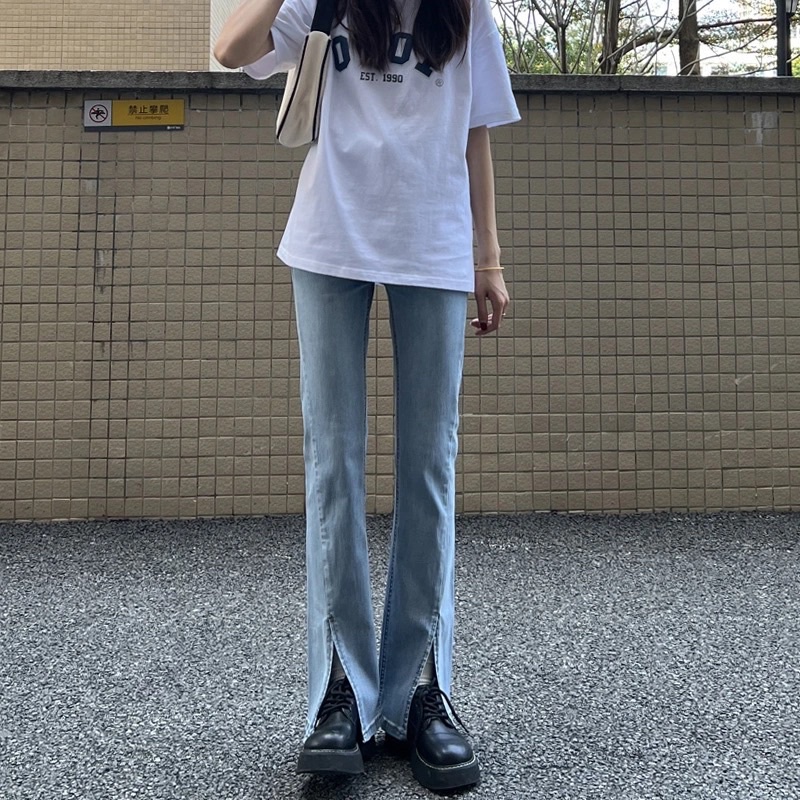 Quần Jeans Ống Loe Nữ Màu Xanh Nhạt Xẻ Gấu Tôn Dáng 1 Cúc Cạp Cao Style Cá Tính, Mặc Hàng Ngày Chất Loại 1