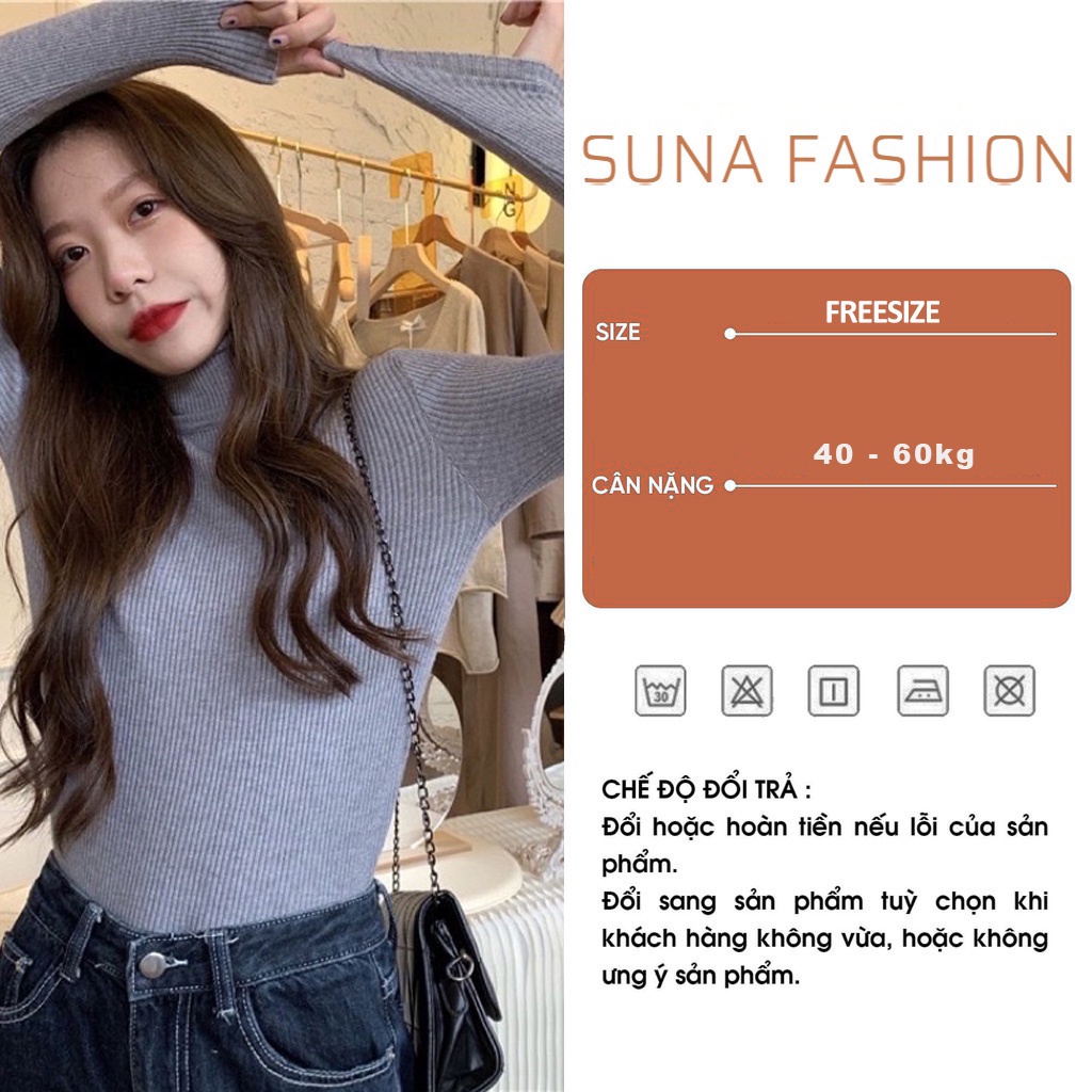 Áo thun nữ tay dài cổ cao len tăm, Áo phông nữ thu đông dài tay cổ lọ 40-58kg SUNA FASHION
