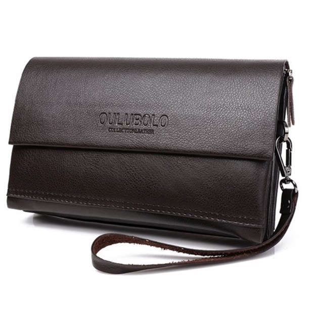 Ví bóp da clutch cầm tay FEIDIKABOLO da bò 23x14x7cm có dây đeo cổ tay (Nâu - Đen)