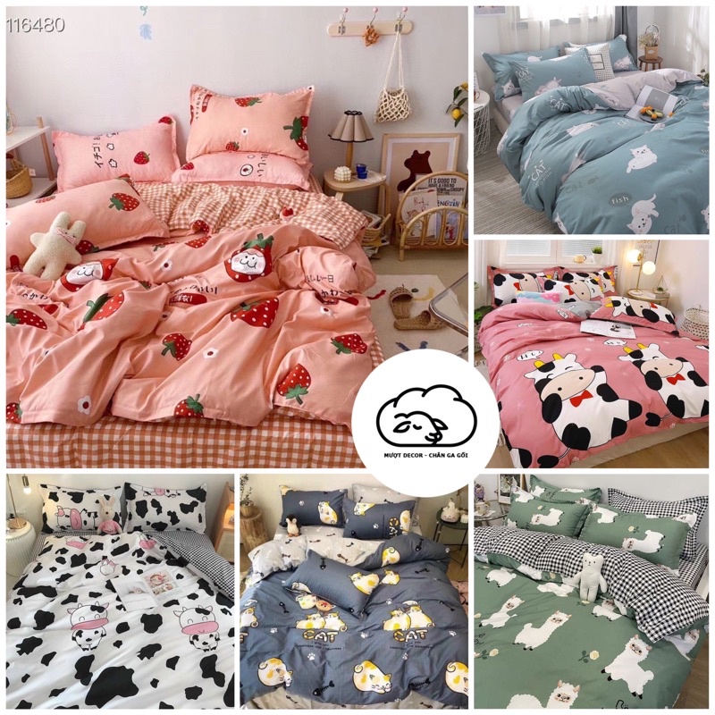 Chăn Ga Gối ❤️ cotton poly 5 món đủ size đệm họa tiết bò sữa miễn phí bo chun nhập khẩu hàn quốc Mượt Decor