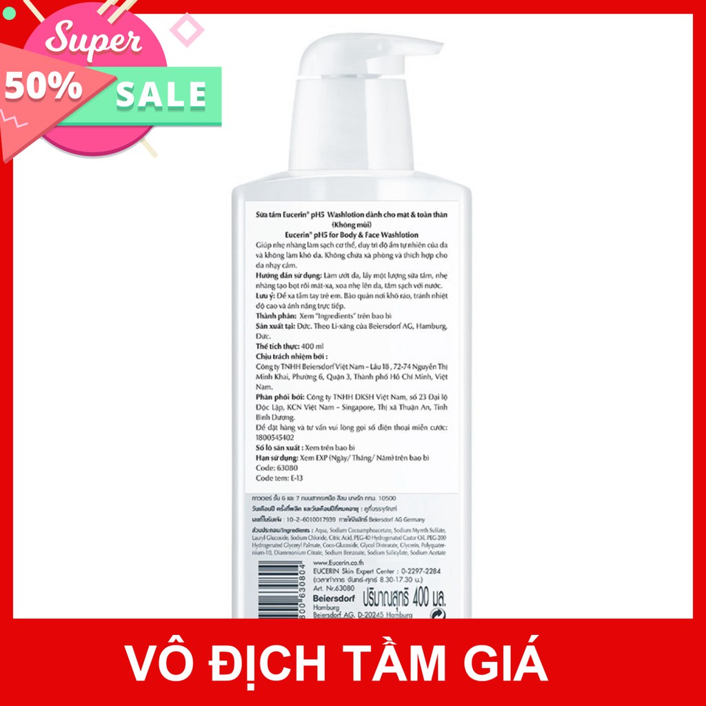 [CHÍNH HÃNG] Sữa tắm và rửa mặt dành cho da nhạy cảm Eucerin Washlotion pH5 (Không Mùi) 400ml