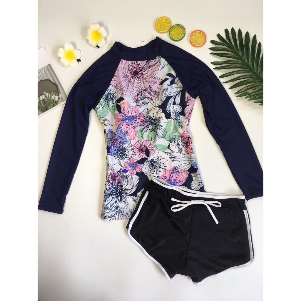 Bộ bơi bikini tay dài quần đùi nữ họa tiết đa dạng