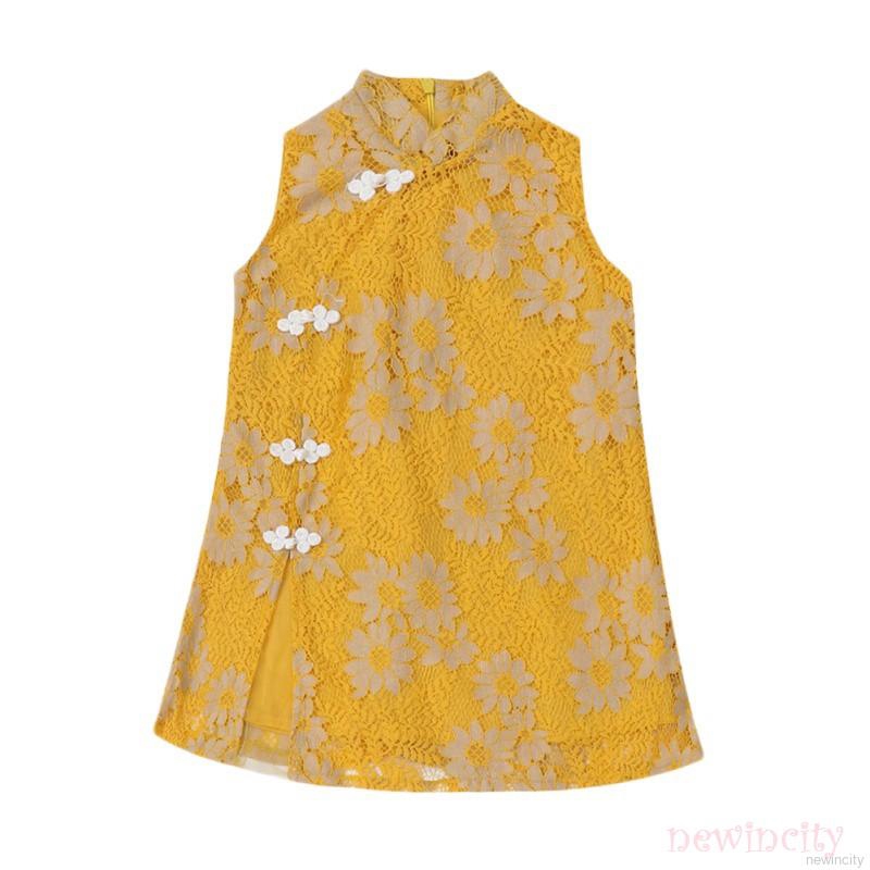 Đầm sườn xám sát nách cổ đứng cho bé gái