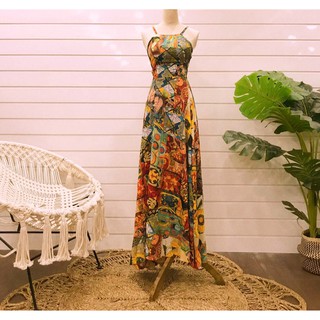 Váy đầm maxi dáng xòe dài cổ yếm 2 dây vintage boho bohemian ullzang đi biển họa tiết hoa thổ cẩm đẹp hotgirl bigsize