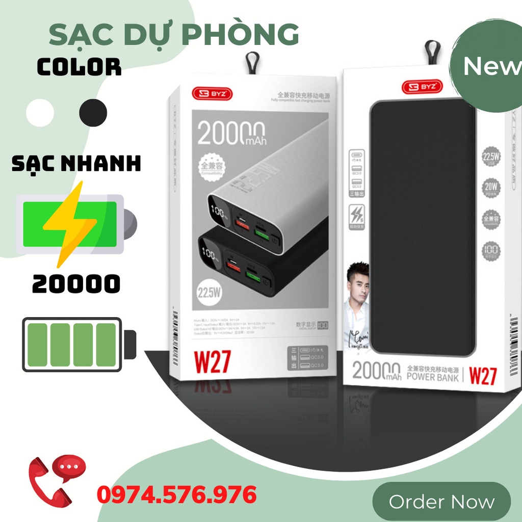 Sạc Dự Phòng BYZ W26, W27 Dung Lượng 10000, 20000mAh ,Pin Dự Phòng Cao Cấp Có Led Hiển Thị 2 Cổng USB Bảo Hành 12 Tháng