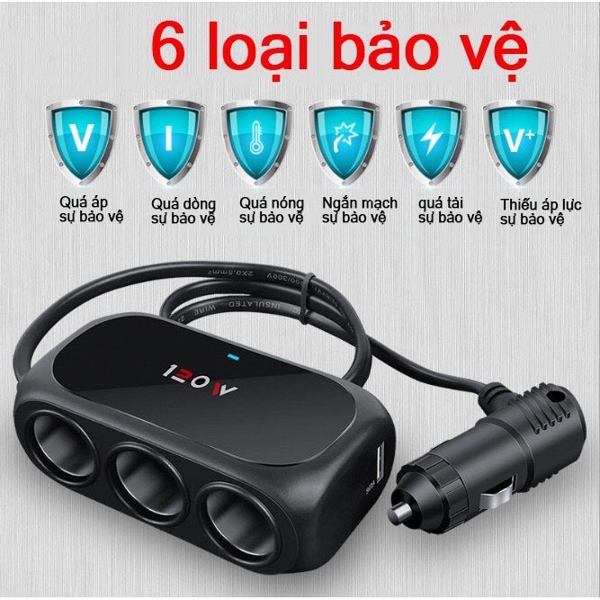 Bộ Chia Cổng Sạc Ôtô đa năng, 3 Tẩu Sạc, 2 Cổng USB