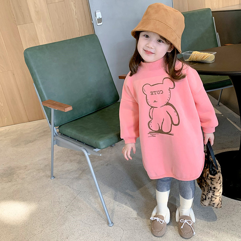 Đầm nỉ dài tay in hình gấu hoạt hình đáng yêu cho bé gái size tối đa 140