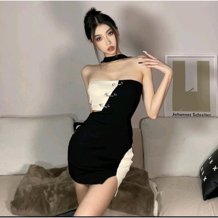 Đầm ôm body phối đọc lạ chất thun Gân dày dặn co giãn 4 chiều