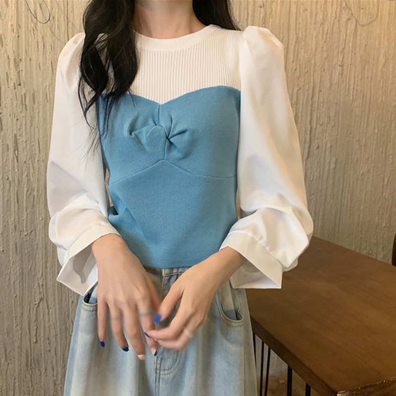 Áo sweater tay phồng dài phối màu sắc tương phản đơn giản phong cách Hàn Quốc