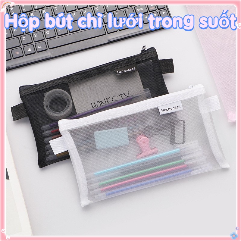Hộp đựng bút chì lưới trong suốt dung lượng lớn đơn giản Hộp đựng bút chì cầm tay hộp bút Túi đựng văn phòng phẩm dung tích lớn Hộp Bút