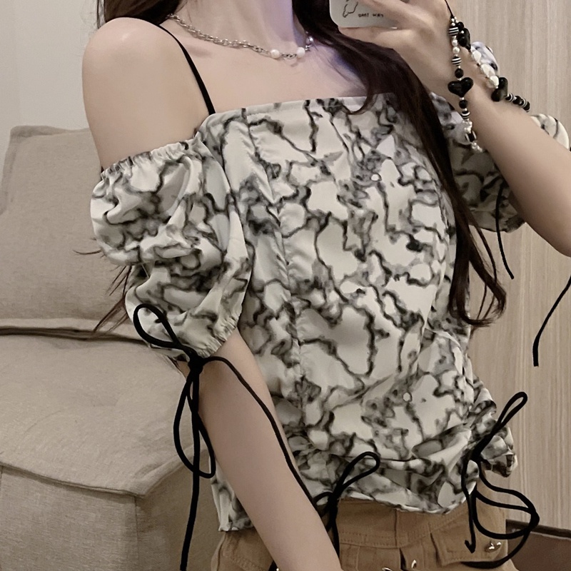 SUXI Áo Sơ Mi Tay Ngắn Trễ Vai Hoạ Tiết In Thời Trang Mùa Hè Cho Phái Nữ