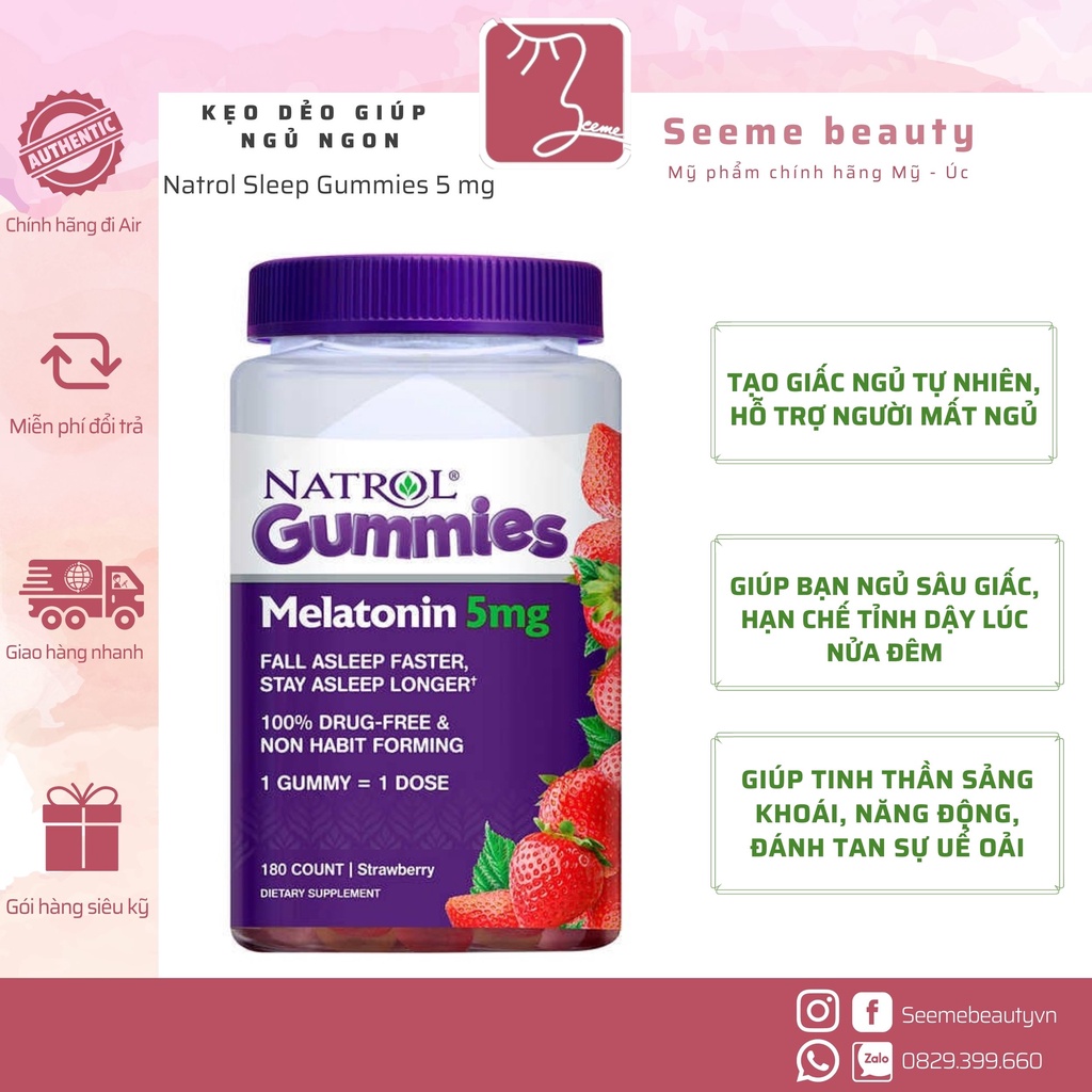 Kẹo Dẻo Ngủ Ngon Natrol Melatonin Sleep Gummies 5mg 10 mg 90v 140v 180v hàng Mỹ SeeMe beauty VC-011
