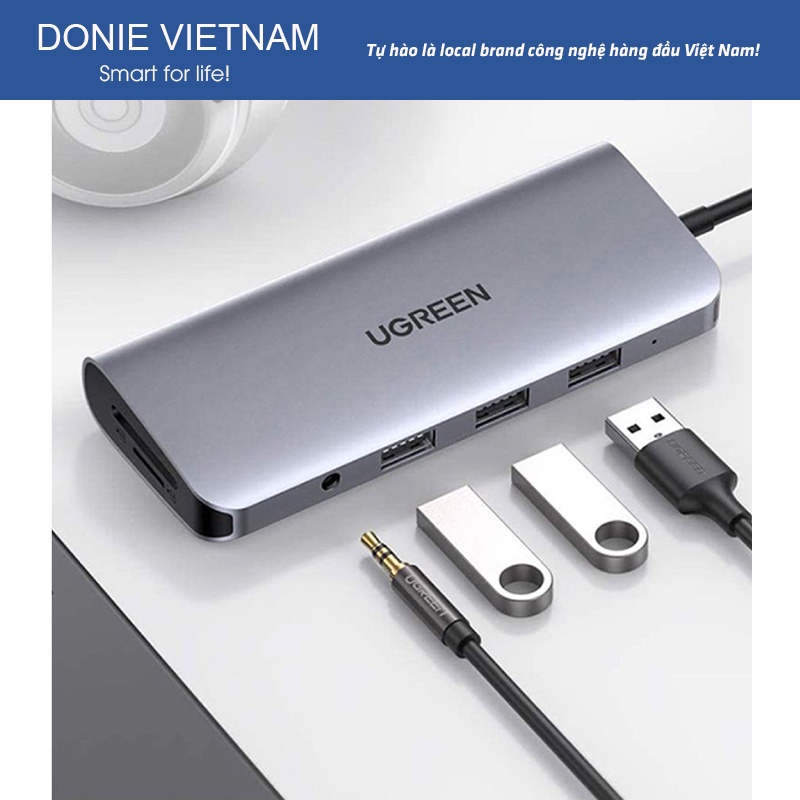 Cáp Chuyển Ugreen 10 in 1 80133 USB Type-C Sang HDMI, VGA, SD,TF, Audio 3.5mm 3 USB 3.0, Lan 1Gbps Chính Hãng