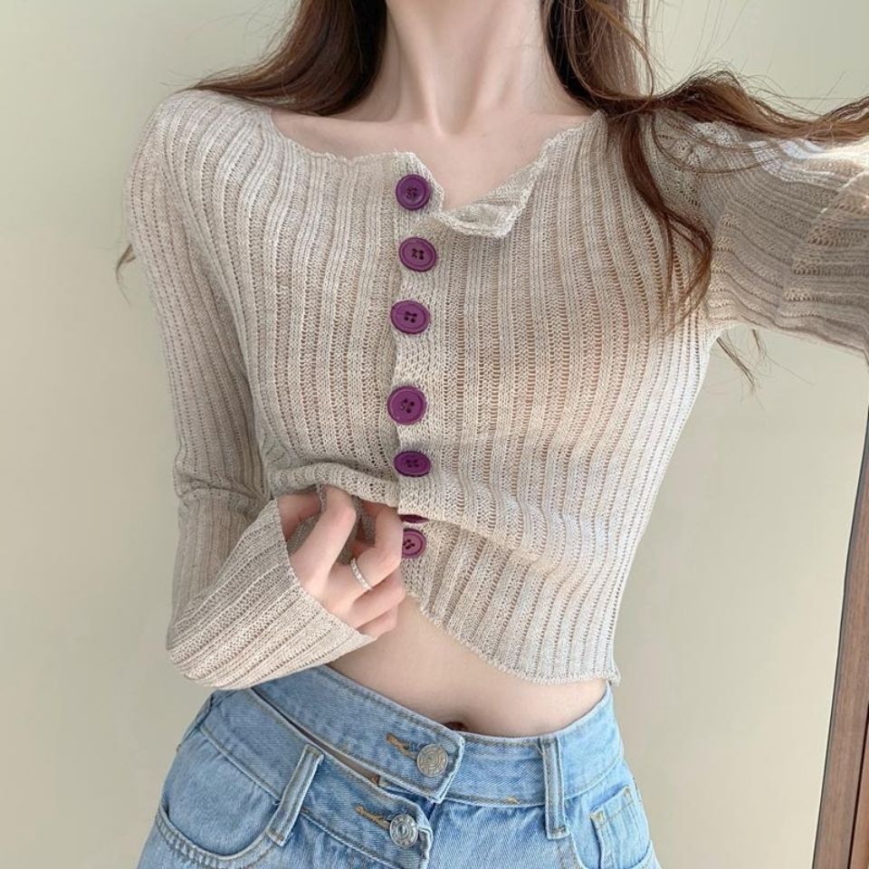 Áo Croptop Dệt Kim Tay Dài Thời Trang Mùa Hè Cho Nữ