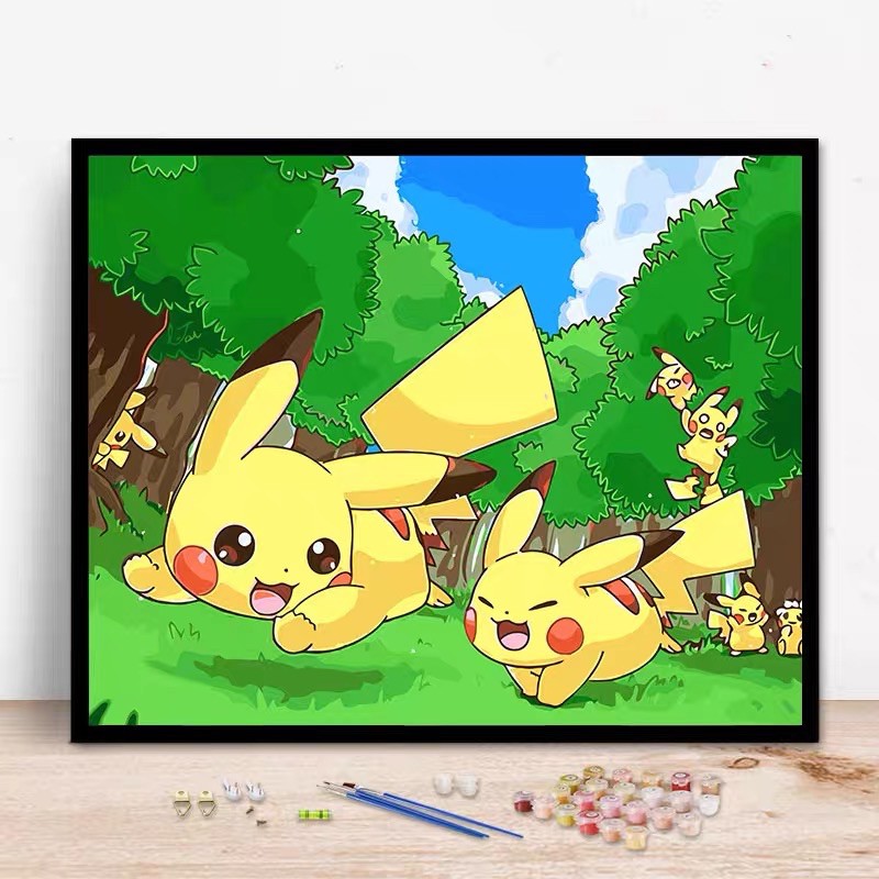 PiKaChu Tranh Sơn Dầu Số Hoá, Tranh Tô Màu Theo Số Pikachu đã căng khung