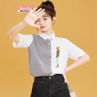 Áo sơ mi nữ ngắn tay GINDY túi thêu cổ bẻ form rộng tà lệch dáng suông thời trang công sở sinh viên trẻ trung A7104