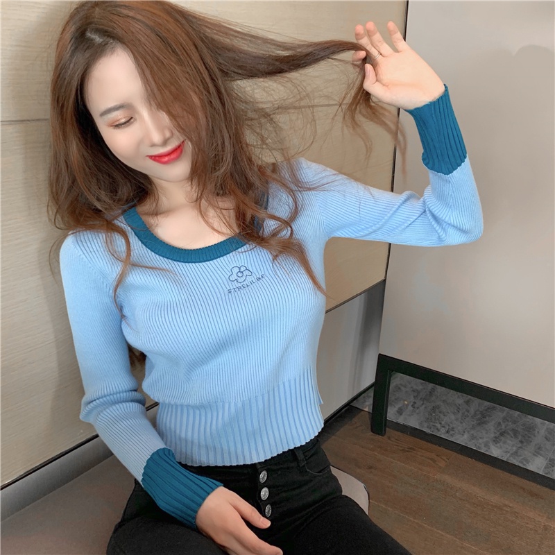 【ZHELIHANGFEI】 / Áo Dệt Kim Dáng Ôm Ngắn Lưng Cao Màu Hồng Thời Trang Xuân Thu Cho Nữ