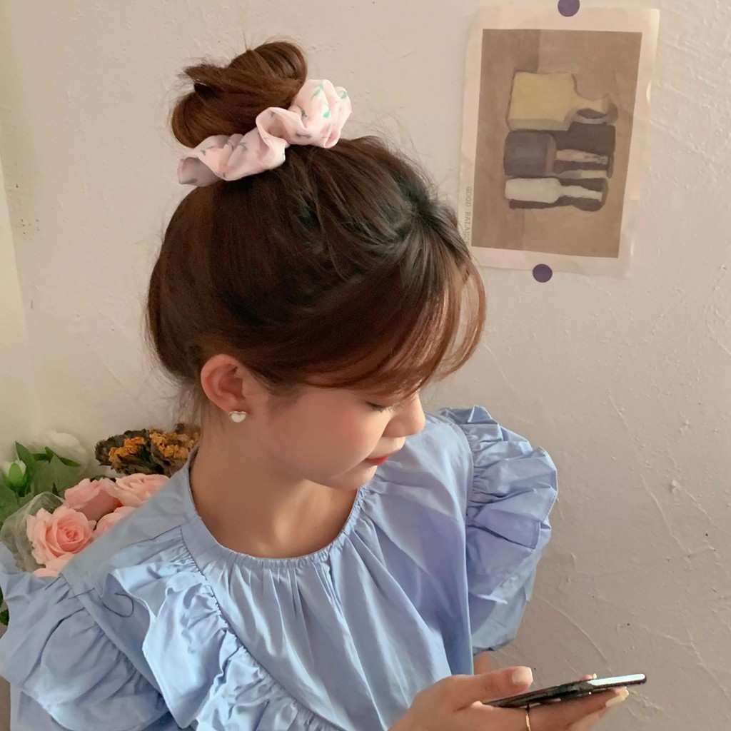 Scrunchies Cột Tóc Vải Lưới LIN Họa Tiết Hoa