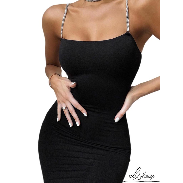 Đầm Hai Dây Mùa Hè Màu Trơn Đính Đá Hở Lưng Gợi Cảm Cho Nữ