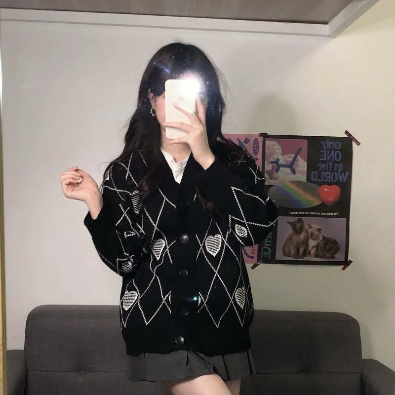 Áo khoác cardigan dệt kim cổ chữ V in họa tiết kim cương trắng đen thời trang thu đông cho nữ