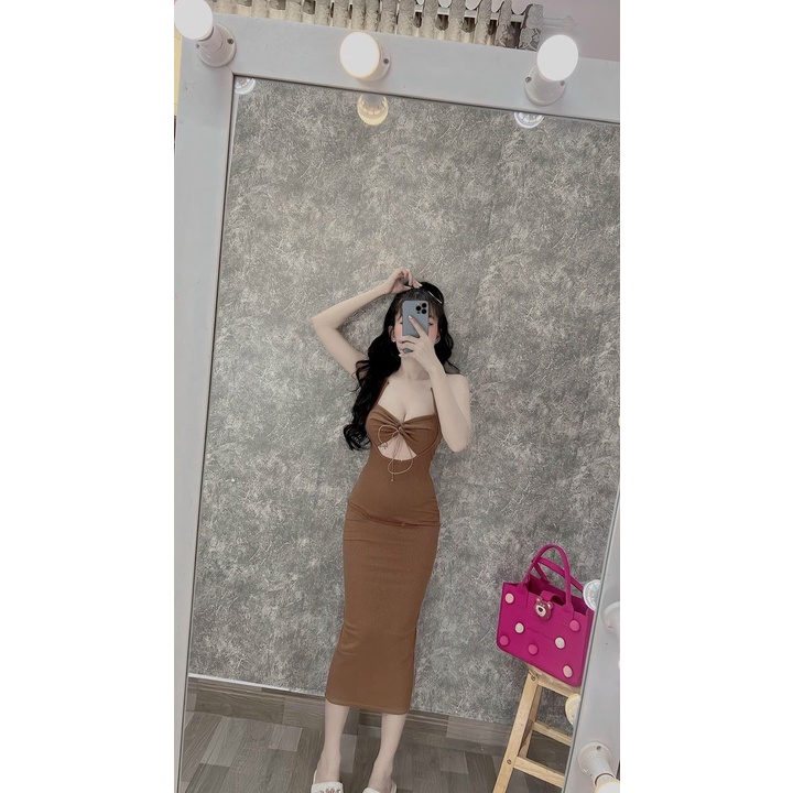 Đầm body 2 dây gân dáng dài rút ngực , khoét eo sexy