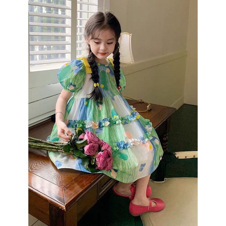 Váy hoa xanh nơ vàng cho bé gái 9-35kg size nhỡ G20