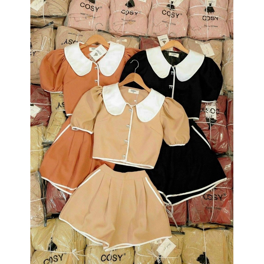 sét bộ đùi tiểu thư áo cổ bẻ phối nút