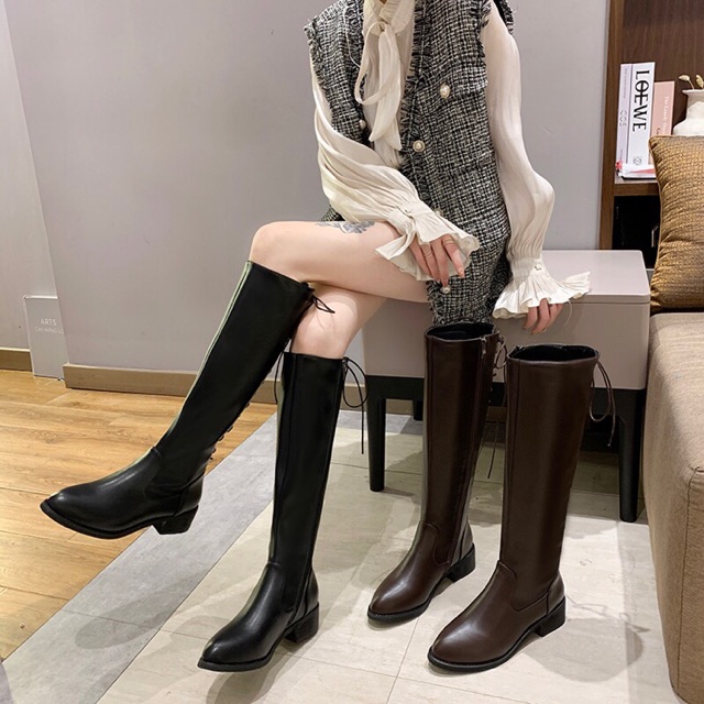 Boots lửng Ulzzang cổ cao đan dây sau lưng gót cao 4cm