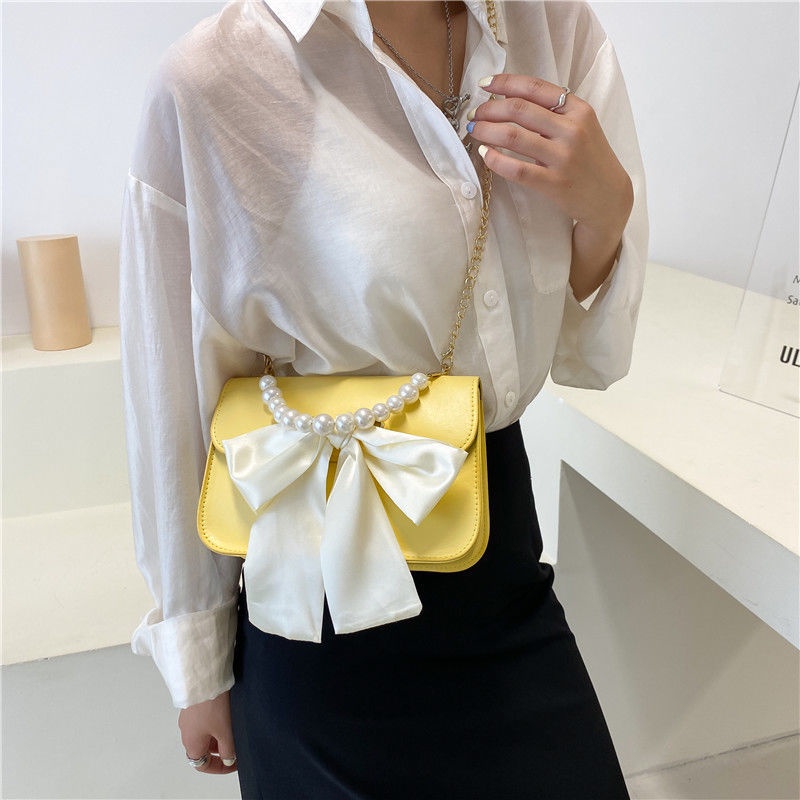 Túi Đeo Chéo Một Bên Vai Hình Vuông Cỡ Nhỏ Đính Nơ Lụa Kèm Dây Xích Thời Trang Mùa Hè Chất Lượng Cao Mới