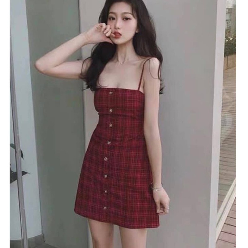 [Mã FAGREEN1505 giảm tới 30K đơn 99K] Đầm Xòe 2 Dây Kẻ Caro Đỏ Dáng Chữ A Hở Lưng Buộc Nơ Cực Xinh Freesize<52kg - V.009 | BigBuy360 - bigbuy360.vn